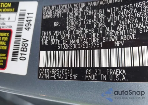 2007 Toyota Sienna Le from USA, damaged, VIN 5TDZK23C07S047751